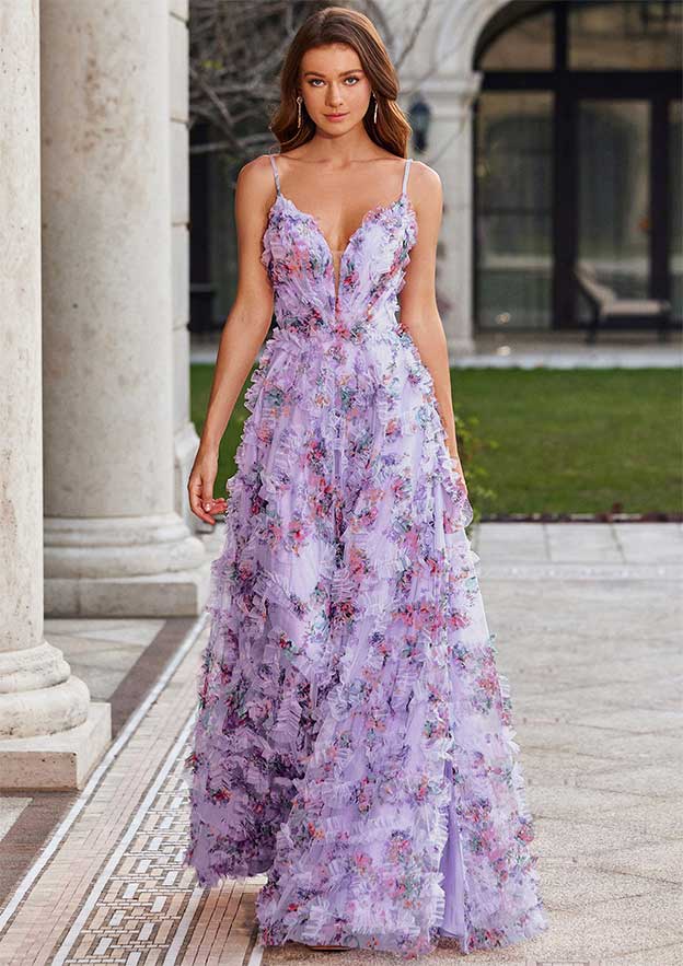 Stacees 2026 Strapless Tulle Floral Prom Dress A-line Ruffles Slit Stacees 2026 Strapless Tulle Floral Prom Dress A-line Ruffles Slit