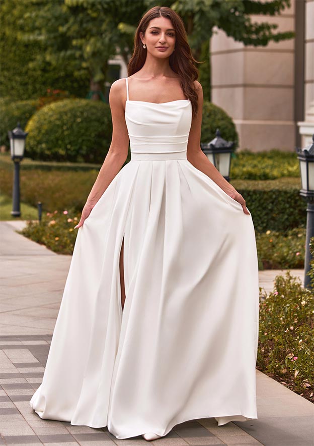 A-line Square Neckline Stretch Crepe Sweep Train Wedding Dress with Pleated Split S3131W - Wedding Dresses - Stacees A-line Square Neckline Stretch Crepe Sweep Train Wedding Dress with Pleated Split S3131W - Wedding Dresses - Stacees