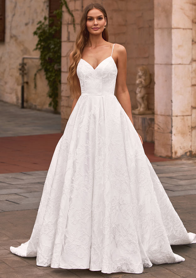 A-line V Neck Chiffon Floor-Length Wedding Dress with Lace Pleated S3200W - Wedding  Dresses
