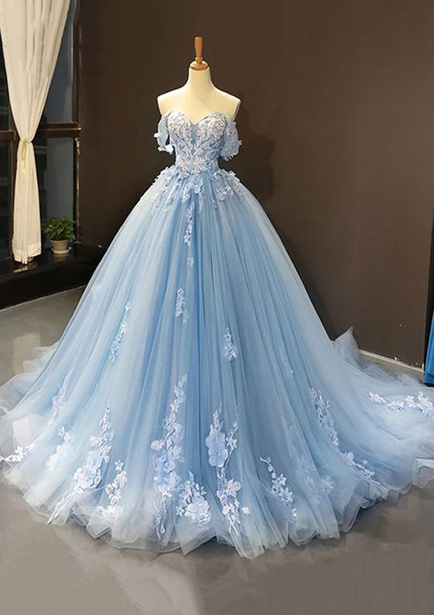 Stacees Prom Dress Ball Gown Sweep Train Tulle Appliqued - Ocean Blue