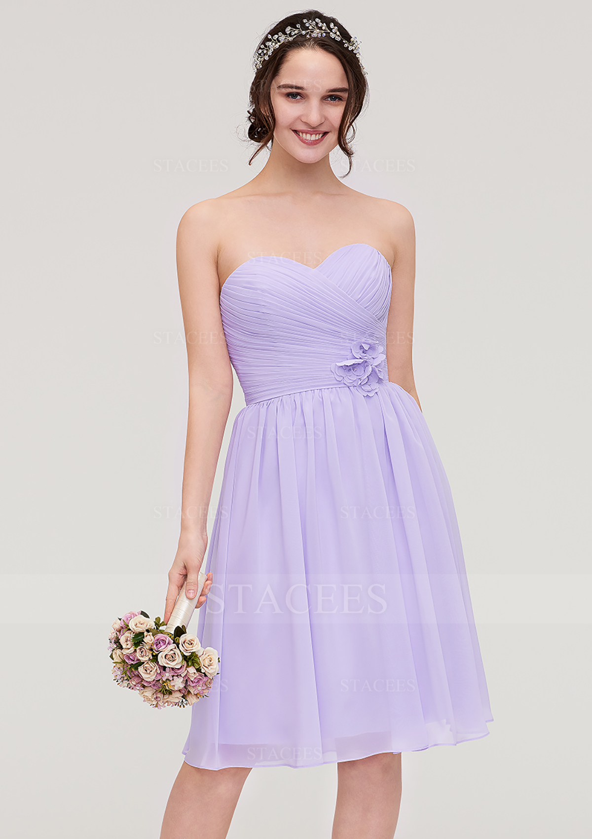 Vestido línea a cuello de corazón gasa hasta la rodilla vestido de dama de honor