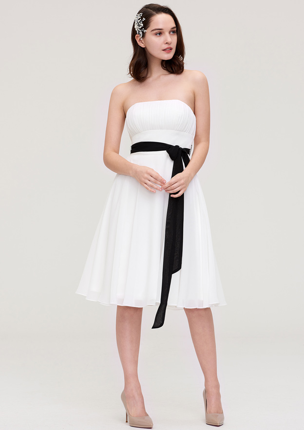 Strapless Sleeveless Knee-Length Chiffon A-line/Princess Bridesmaid Dress  With Pleated Sashes - Bridesmaid Dresses - Stacees
