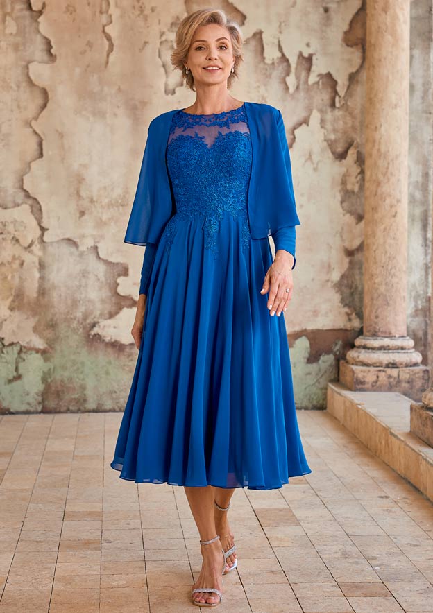 chiffon jacket for evening dress Stacees Tea-Length Chiffon Mother of the Bride or Groom Dress with 3/4 Sleeve Jacket Lace Bodice