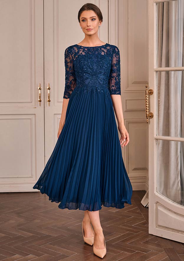 tea length navy blue mother of the bride dress A-line Scoop Neck Half Sleeve Chiffon Tea-Length with Appliqued Pleated Sequins S5086M - Mother of the Bride Dresses Line/Princess Neckline Navy Blue Mother Of The