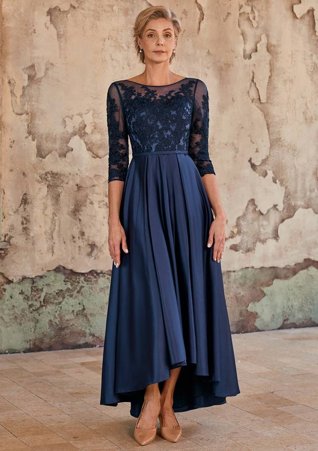 Evening Dress Long Sleeve Lace Up Asymmetrical Dress A-line Bateau 3/4 Sleeve Asymmetrical Satin Mother Of The Bride Dress With Lace Waistband S5059M Mother Of The Bride Dresses