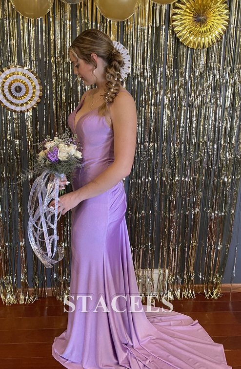 Trumpet/Mermaid V Neck Sleeveless Sweep Train Jersey Prom Dress with  Pleated S7590P - Prom Dresses - Stacees
