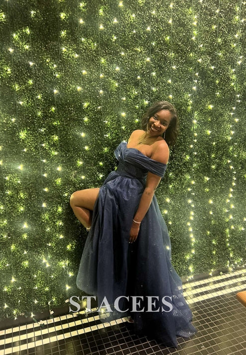 a-line off-the-shoulder sweep train chiffon prom dresses with lace sequins Off the Shoulder Silver Mermaid Prom Dress with Slit,PD00479, US12 / Dark Navy