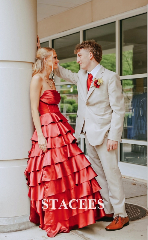 A-line Strapless Cowl Neck Sheer Corset Tiered Satin Sweep Train Prom Dress  with Ruffles S8258P - Prom Dresses - Stacees