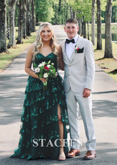 A-line Corset Tiered Ruffle Slit Sweep Train Prom Dress with