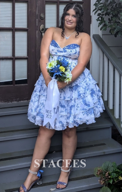 A-line Cowl Neck Blue Floral Print Strapless Lace-Up Corset Homecoming Dress  S8696HA - Homecoming Dresses - Stacees