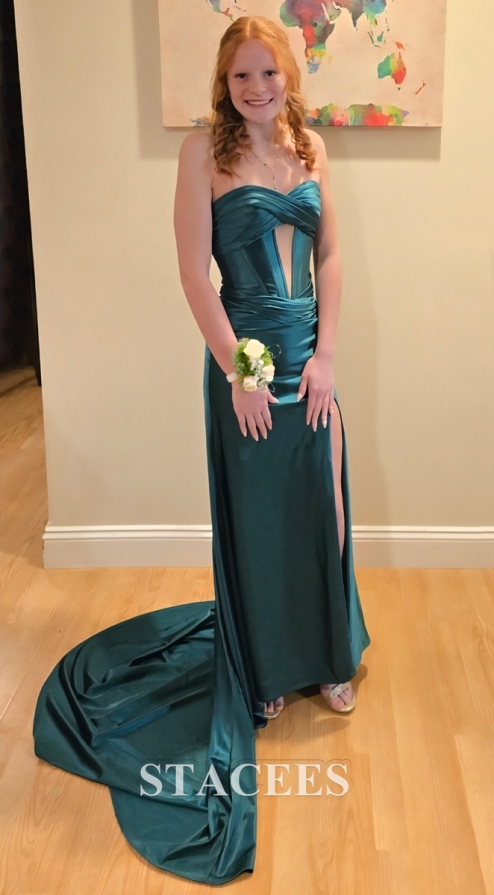 strapless cutout sweetheart corset fitted ruched prom dress with slit Royal Blue Strapless Satin Prom Dress with Slit and Bodice – SS065 –  Viniodress main image 1