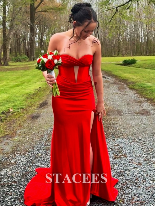 Strapless Cutout Sweetheart Corset Fitted Ruched Prom Dress with Slit  S7775PM - Prom Dresses - Stacees