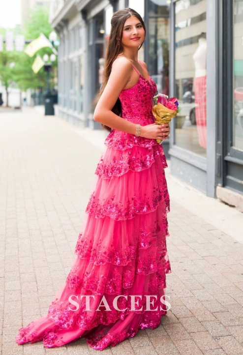 A-line Corset Tiered Ruffle Slit Sweep Train Prom Dress with Appliqued  Sequins S8256P - Prom Dresses - Stacees