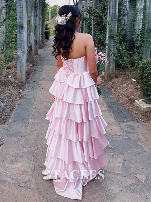 A-line Square Neckline Strapless Corset Ruffle Slit Long Prom