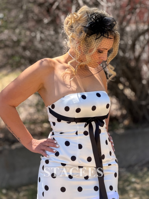 A-line White Black Polka Dot Strapless Prom Dress with Slit Chiffon Ruffle  Skirt S9048P - Prom Dresses - Stacees